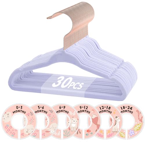 VIS'V Baby Hangers, 11 Inch Velvet Kids Hangers with 6 Pcs Clothes Size Dividers, Infant Toddler Nursery Closet Organization, Non Slip, Lavender, 30 Pcs