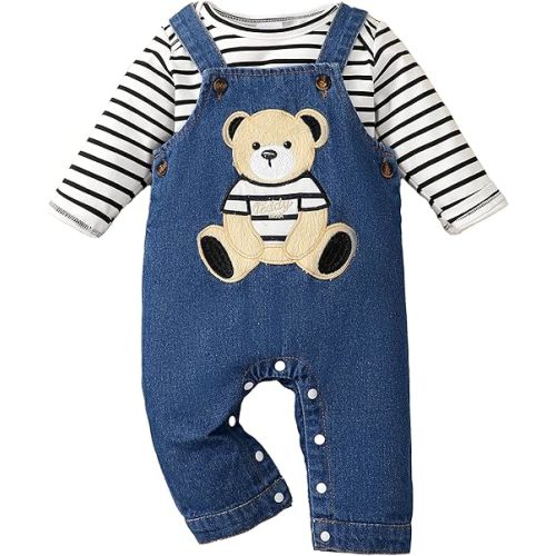 NZRVAWS Newborn Baby Boy Clothes Outfits Infant Stripe Animal Romper Cute Denim Jeans Jumpsuit Overalls 0-18 Months