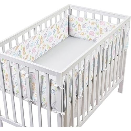 4 in 1 Ventilate Mesh Crib Liner – Non-Padded, Tie-On Design for Baby Crib,Mesh Side Cover,2 Long Pieces (51.18in x 9.64in),2 Short Pieces(26,77in x9.64in). (Cartoon House 02)