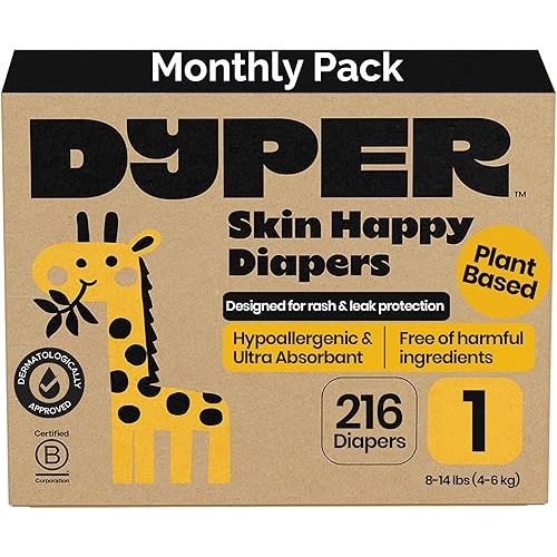 DYPER Monthly Pack Baby Diapers Size 1 (216 Count) - Leak-Proof & Plant Based, Hypoallergenic, Fragrance Free & Ultra Absorbent Size 1 Diapers for Day and Overnight Skin Protection