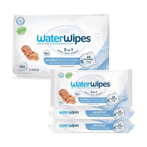 WaterWipes Sensitive+ Newborn & Baby Wipes, 3-In-1 Cleans, Cares, Protects, 99.9% Water, Unscented & Hypoallergenic, 240 Count (4 Packs)