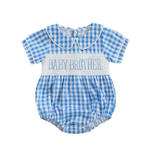Mokoggiri Baby Brother Romper Infant Boy Letter Print Bubble Rompers Gingham Babydoll Collar Short Sleeve Smocked Bodysuit