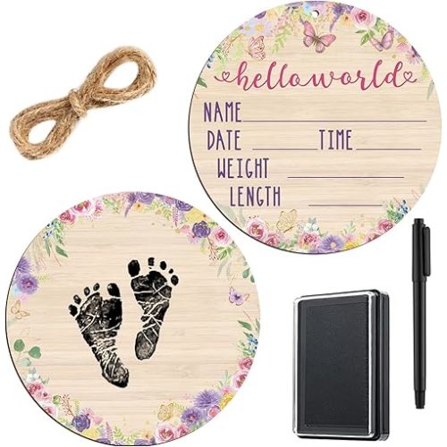 Thyle Baby Announcement Wooden Name Sign for Hospital Birth Double Sided Newborn Welcome Sign with Marker Pen and Ink Pad for Baby Shower Hand Footprints(Butterfly)