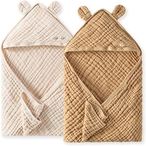 Momcozy Baby Towels, 6-Layer 100% Cotton Muslin Hooded Baby Towel Set for Newborn, Infant & Toddler, Soft Absorbent Baby Bath Essentials, Large 32 x 32 Inch