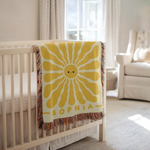 Personalized Sunshine Woven Baby Blanket | Cozy Sunburst Yellow Nursery Crib Throw with Fringe - Gender Neutral Theme