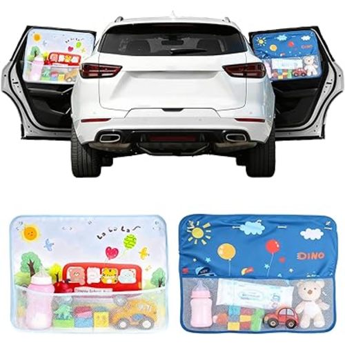 2 Pack Baby Car Sun Shade Side Window (26.8"×19.7"),Dinosaur/Animal Cartoon, Strong Suction Cups UV Heat Protection Sun Block Covers