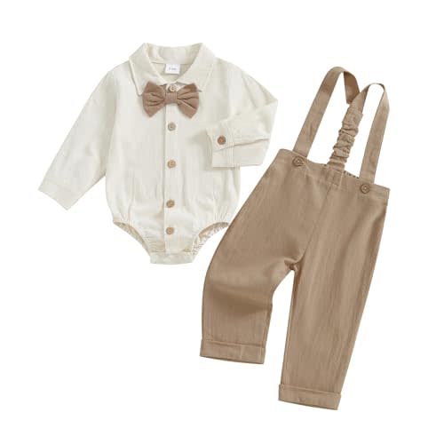 PUHHAPIEY Infant Baby Boys Gentleman Outfits Long Sleeve Bowtie Romper+Suspender Overalls Pants Set Wedding Set Formal