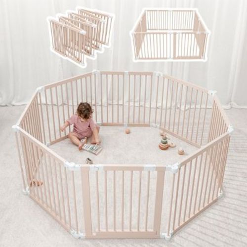 Baby Playpen & Baby Gate for Toddler and Babies, Foldable Wooden Large Shape Playpen with Locking Gate by Comfy Cubs