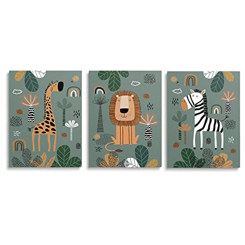 SKYSUKEY Boho Safari Nursery Prints Neutral Wall Art, Framed Green Canvas Prints, Safari Baby Animals Wall Art Set of 3, Framed, Boys Girls Kids Room Wall Decor, 12"x16"