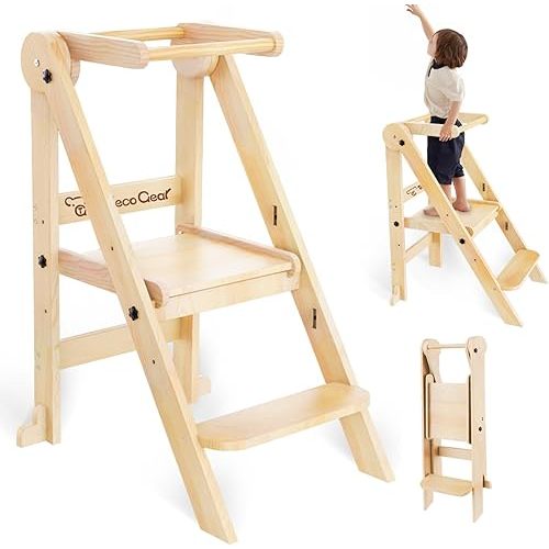 Foldable Toddler Tower, 3 Adjustable Height Toddler Standing Tower, Wooden Kids Kitchen Stool Helper with Safety Rails, Space Saving Kids Step Stool - Ages 18 Months to 6 Years