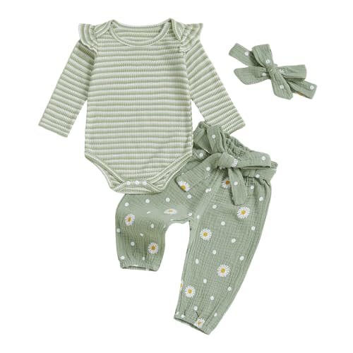 Kaipiclos Newborn Infant Girl Clothes Rib Knit Romper Daisy Print Pants Headband Baby Clothes for Girls 0 3 6 12 18 24 Months