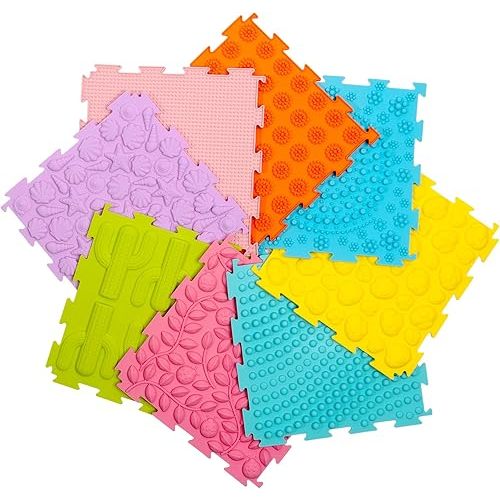 8 Pcs Sensory Mats, Sensory Tiles Puzzle Floor Mat for Kids Sensory Room Items,Different Patterns and Colors - Silicone Massage Orthopedic Mat for Children with Autism