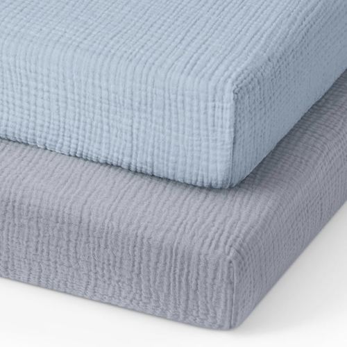 Blissful Diary Muslin Mini Crib Sheets, Pack and Play Mattress Sheets Fitted for Pack N Play, Soft Cotton for Boys Girls, 2 Pack(Light Blue&Grey)