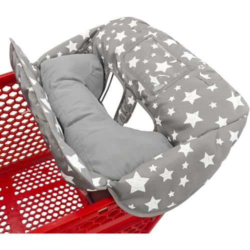 Soft Pillow Attached 2-in-1 Shopping Cart and High Chair Cover for Baby, Cotton Padded Cart Cover, Fold'n Roll Style, Portable with Carry Bag (Gray Stars)