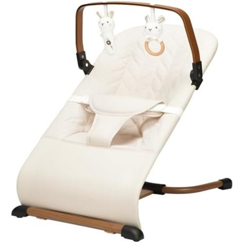 Portable Baby Bouncer, Bouncer Seat for Babies 0-12 Months, 3 Recline Positions, Foldable Baby Rocker Chair with Removable Wooden Bar, Beige