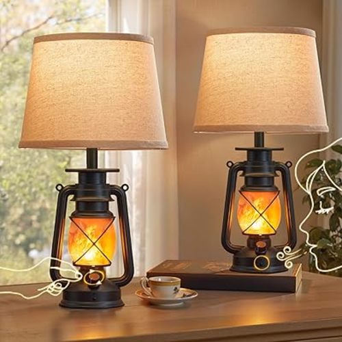 LEDIARY 18.72" Blow-Controlled LED Lantern Flickering Flame Table Lamps for Bedrooms Set of 2, Small Farmhouse Rustic Black End Table Lamps, Halloween Decorative Lantern Bedside Lamps for Living Room