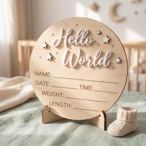 Celestial Stars Birth Stats Sign | 3D Star Wooden Baby Plaque | Acrylic Lettering Hello World Announcement | Neutral Nursery Prop