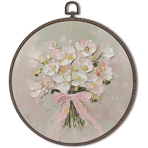 XNXLDYLH Vintage Coquette Floral Round Framed Wall Art Decor, Pink Coquette Bow Flower Girls Hanging Wall Room Decor Decorations, Girly Preppy Canvas Prints Wall Art Pictures Paintings, 10x10 Inches