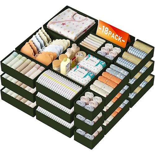 DIMJ Drawer Organizer Clothes 18 Pack - Foldable Baby Organizers and Storage & Dresser Organizer for Bedroom, Closet - Nursery Organization Dresser Dividers for underwear, Sock,Bra, Belt, Tie, Beige