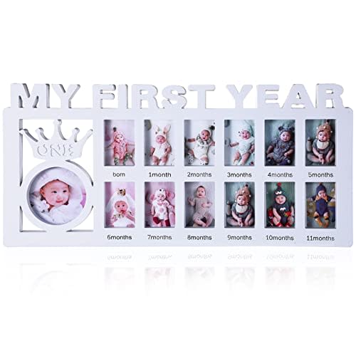 Unittype My First Year Baby Picture Frame Newborn Baby's First Twelve Months Photo Collage,12 Month Milestone Keepsake Frame for Photo Memories Baby 1st Birthday Mothers Day Gift(White)