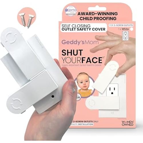 Self-Closing Outlet Cover Plate System by Geddy’s Mom – Automatic Child Safety that Covers Outlets When Unplugged, Shut Your Face, Easy Install, Award-Winning Baby Proofing for 2-Screw Decora Outlets