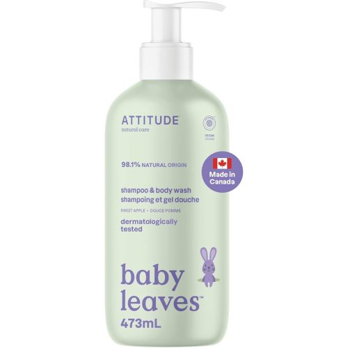 ATTITUDE Baby 2-in-1 Shampoo and Body Wash, Made in Canada, EWG Verified, Dermatologically Tested, Vegan, Sweet Apple, 473 mL