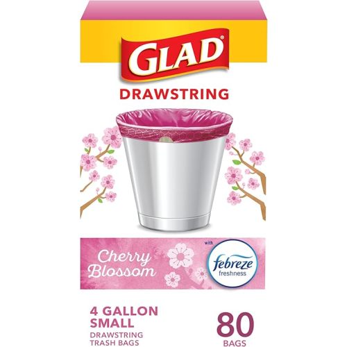 Glad Small Trash Bags, Great for Office, Bathrooms and Bedroom Bins, Cherry Blossom Scented Garbage Bags, Odor Resistant with Drawstring, Febreze Freshness, 4 Gallon Trash Bags, 80 Count