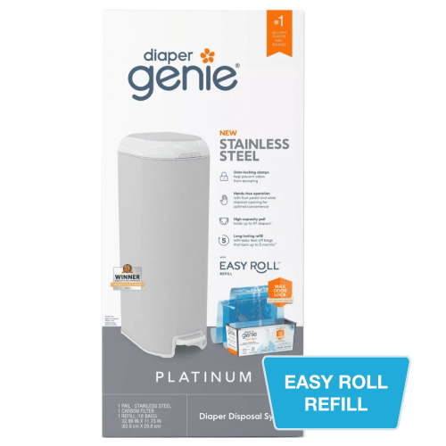 Diaper Genie Platinum Pail, Stainless Steel, 1 Diaper Pail,1 EasyRoll Refill 18 Bags, Grey