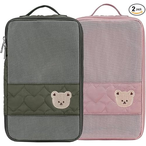 Baby Diaper Bag Organizer Pouches - 2 Pack Waterproof Pod Hanging Diaper Bag Cute Bear Mesh Bag Reusable, Washable or Baby Cloth Diapers (Green&Pink)