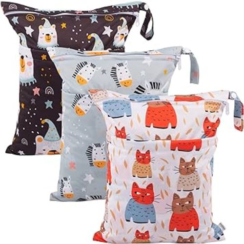 babygoal Wet Dry Bags for Baby Cloth Diapers, Washable Travel Bags, Beach, Pool, Gym Bag for Swimsuits & Wet Clothes with Two Zippered Pockets 3 Pack, 3LN26