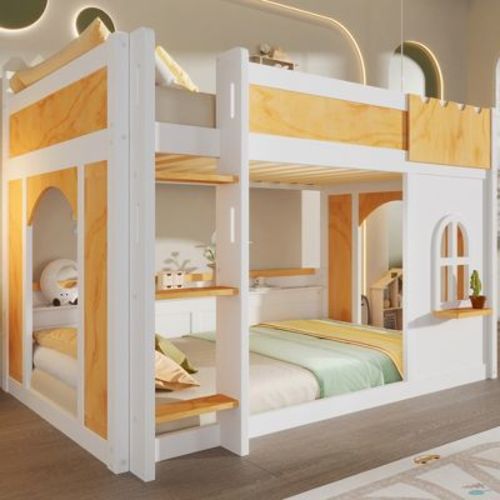 Twin Over Twin Bunk Bed with Storage Shelves, Wooden Twin Size Bunk Bed Frame with Window & Two Doors, Natural+White