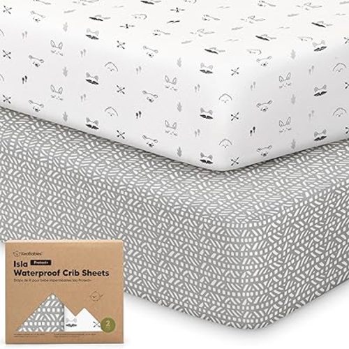 2-Pack Waterproof Baby Crib Sheets for Boys, Girls - 52x28 Viscose Derived from Bamboo Toddler Bed Sheet Neutral, Fitted Crib Mattress Protector Cover for Baby Bedding, Soft & Gentle (Nordic)