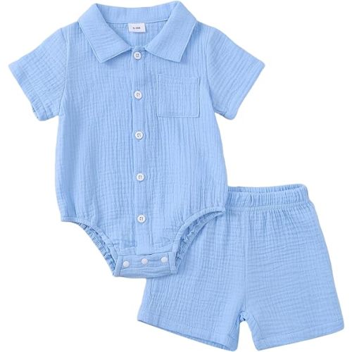 Jecson Newborn Boy Clothes Baby Boy Outfits Summer Cotton 2 Piece Set with Button Down Bodysuit and Shorts 0-18M