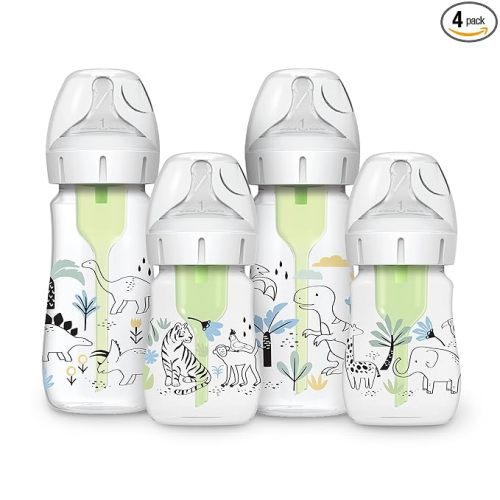 Dr. Brown's Anti-Colic Options + Wide-Neck Baby Bottle Designer Edition, Jungle, 5 oz/150 mL + Dino, 9oz/270mL, with Level 1 Slow Flow Nipple, BPA-Free, 0m+, 4-Pack