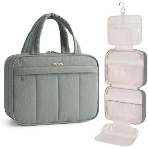 Narwey Hanging Travel Toiletry Bag for Women, Quilted Makeup Bag Organizer with Handle, Travel Bathroom Bag, Portable Toiletries Bag for Essentials, Accessories, Brushes, Cosmetics (Sage Green)