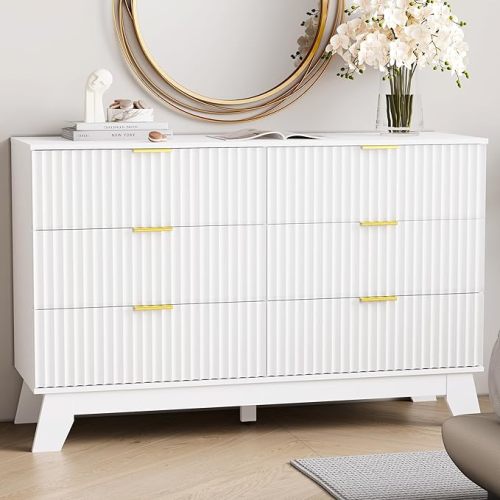 HUANLEGO 6 Drawer Dresser for Bedroom, Fluted White Dresser Chest of Drawers with Gold Handle, Mid Century Modern Dressers for Closet, Bedroom Chest Storage Organizer for Living Room, Hallway
