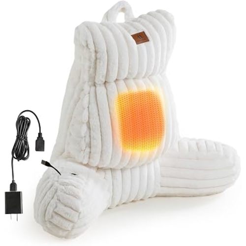 Amélie Home Heated Faux Fur Reading Pillow 3 Temperature Backrest for Sitting in Bed Support Cushion, USB-Powered(No Power Bank Included) Warming (113°F-131°F), 3H Auto Shutoff, Ivory, 22 Inches