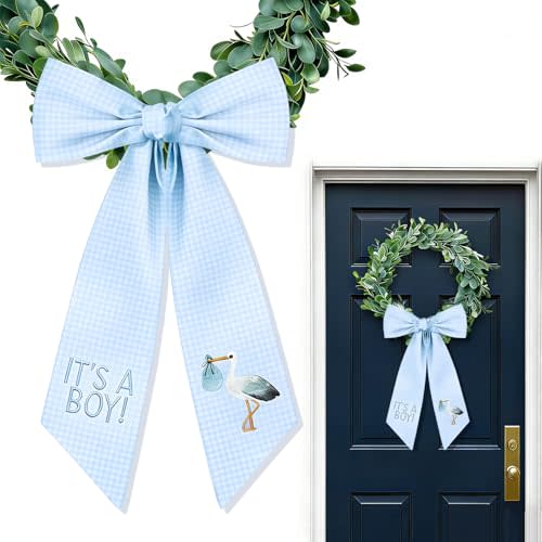 AnyDesign Wreath Sash for Front Door Baby Shower Stork Blue Plaid It's A Boy 72 x 4 Inch Garland Ribbon for Birthday Gender Reveal Party Yard Doorway Indoor Outdoor Home Decor