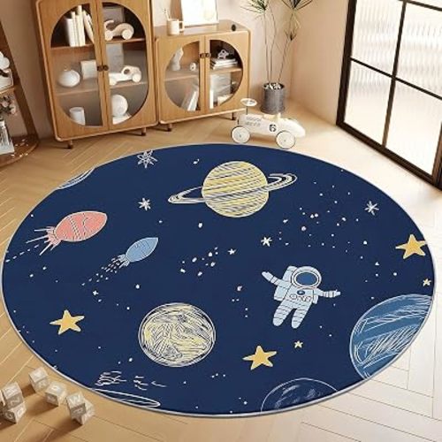 Round Rug Blue 5ft Space Theme Graffiti Area Rugs Washable Rug, Non-Slip Rugs for Living Room, Rugs for Bedroom, Circle Rug Low Pile Soft Room Decor for Teen Kids