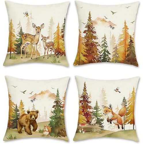 Bonhause Fall Forest Animals Throw Pillow Covers 18 x 18 Inch Watercolor Deer Bear Fox Mountain Birds Woodland Decorative Polyester Linen Cushion Cases for Outdoor Sofa Couch Decor Set of 4