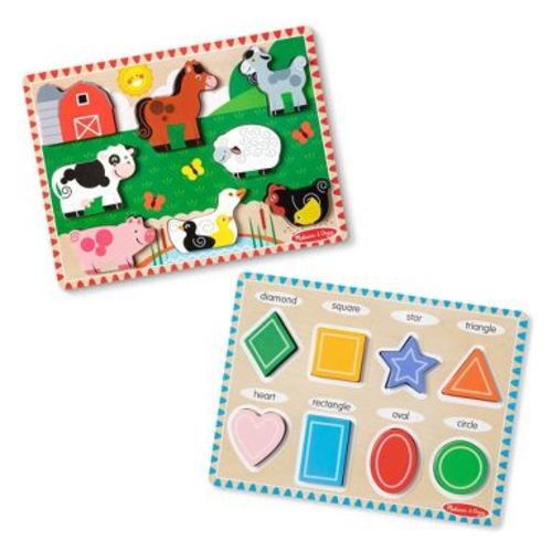 Melissa & Doug Chunky Puzzle 2pk - Farm, Shapes: Educational Wooden Puzzles for Toddlers, 8-Piece, Animal Theme
