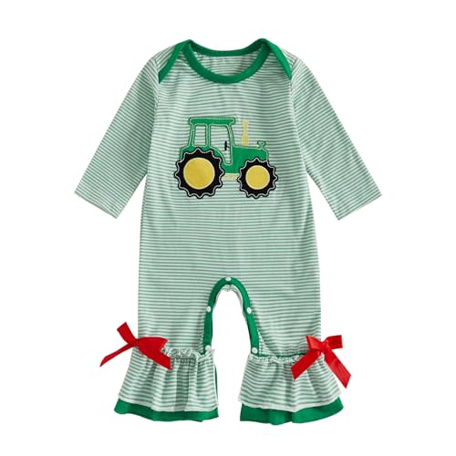 CREAIRY Newborn Baby Girl Fall Clothes Farm Tractor Striped Long Sleeve Jumpsuit Bow Bell Bottom Romper Overalls