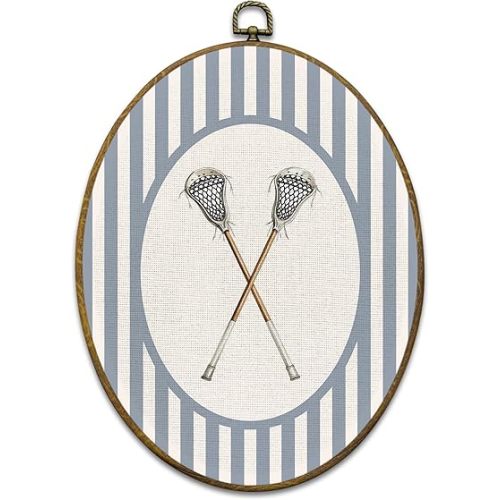 Mcehtle Lacrosse Sports Nursery Wall Art Decor, Sports Framed Canvas Prints 8.6x11.4, Retro Light Blue Striped Lacrosse Sticks Oval Home Wall Hanging Artwork Decorations for Kids Boy Nursery Room Bedroom
