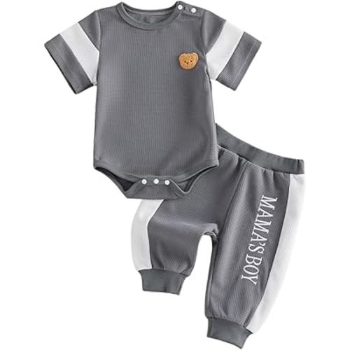 SAYOO Infant Baby Boy Clothes 3 6 12 18 Months Fall Winter Outfit Bear Romper Mama's Boy Embroidery Pants 2Pcs Tracksuit