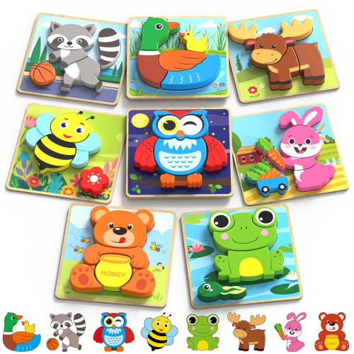 LotFancy, Wooden Puzzles for Toddlers, 8 Pack Animal Montessori Toys