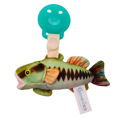 Gamezies Baby Boy and Girl Silicone Bass Fish Pacifier Outdoor Plush Toy Holder Removable, Washable Plush Toy CPSIA Tested, BPA-Free 0-6 Months