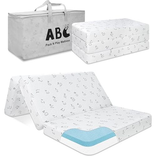 Trifold Pack and Play Mattress, 38"x26" Memory Foam Dual-Sided Pack N Play Mattresses for Baby Toddler, Foldable Portable Travel Crib Mattress for Pack N Play, Alphabet