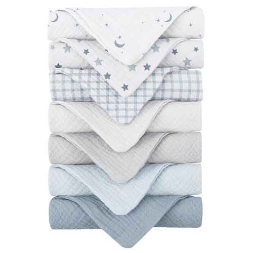 Konssy Baby Muslin Washcloths 7-Pack, 100% Cotton Baby Bath Washcloths, Soft & Absorbent Wash Cloths and Burp Cloths for Newborn Kids Girls & Boys, 11x11 inches