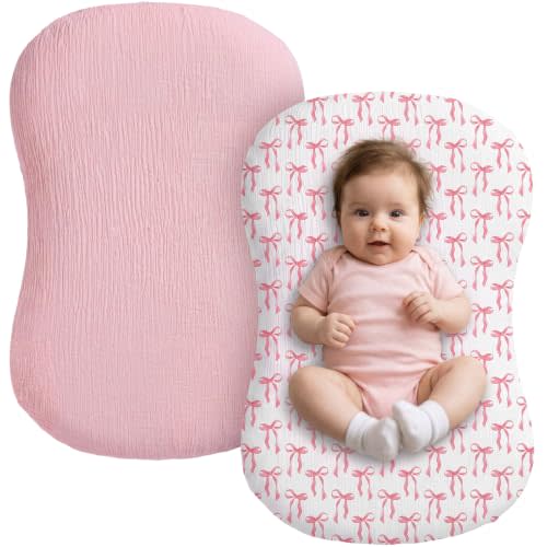 Tigeen 2 Pack Muslin Baby Lounger Cover for Newborn & Infant Pink&Pink Bow | 100% Cotton, Soft Breathable Lounger Slipcover for Baby Girls and Boys, 30.3x21 in, Envelope Closure Design, Pink Cover Only