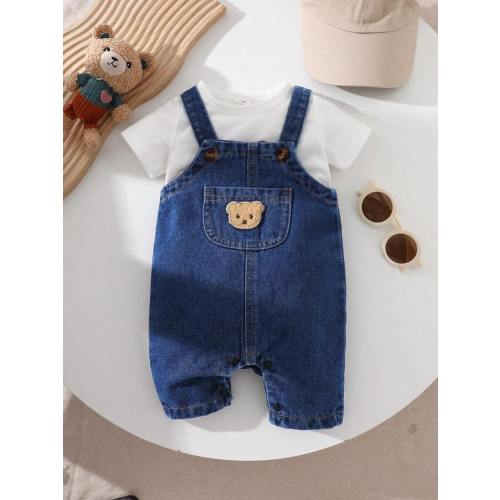 SHEIN Playful Pals Baby Boy Cartoon Bear Pocket Decor Casual Bib Shorts, Summer | SHEIN USA